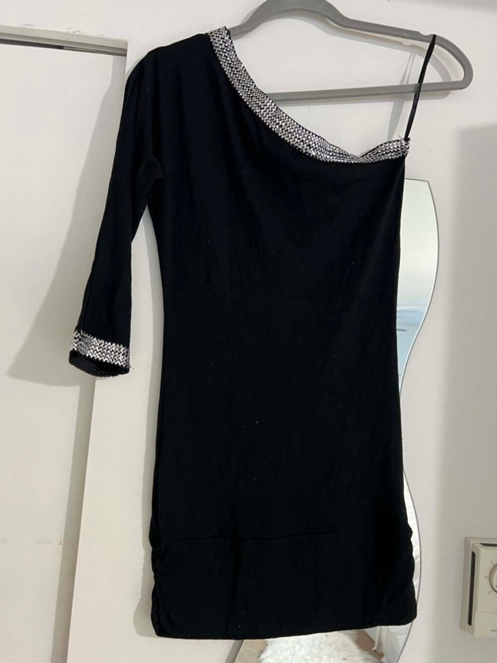 Vintage Y2K black one shoulder mini dress with silver detail, XS